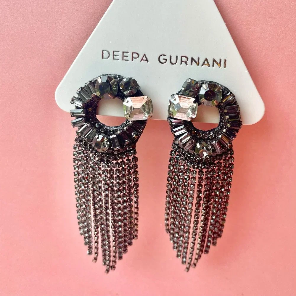 NWT Deepa Gurnani Crystal Rhinestone Chandelier Earrings-Silver Gunmetal Grey - Picture 2 of 10